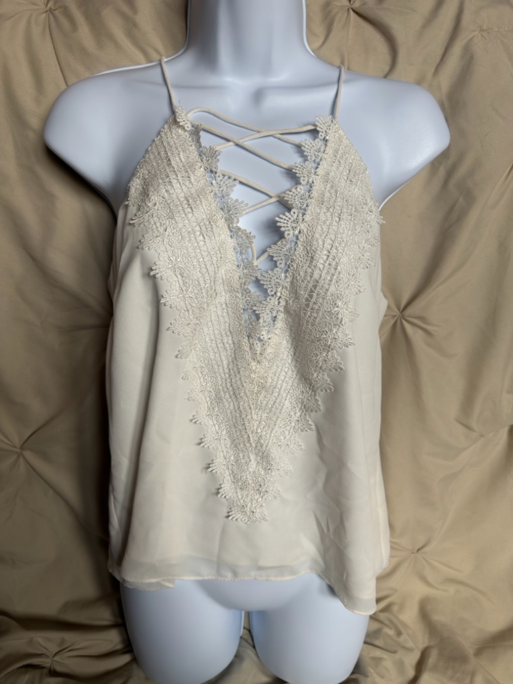 Wayf Cream Lace-Trim Crisscross Camisole